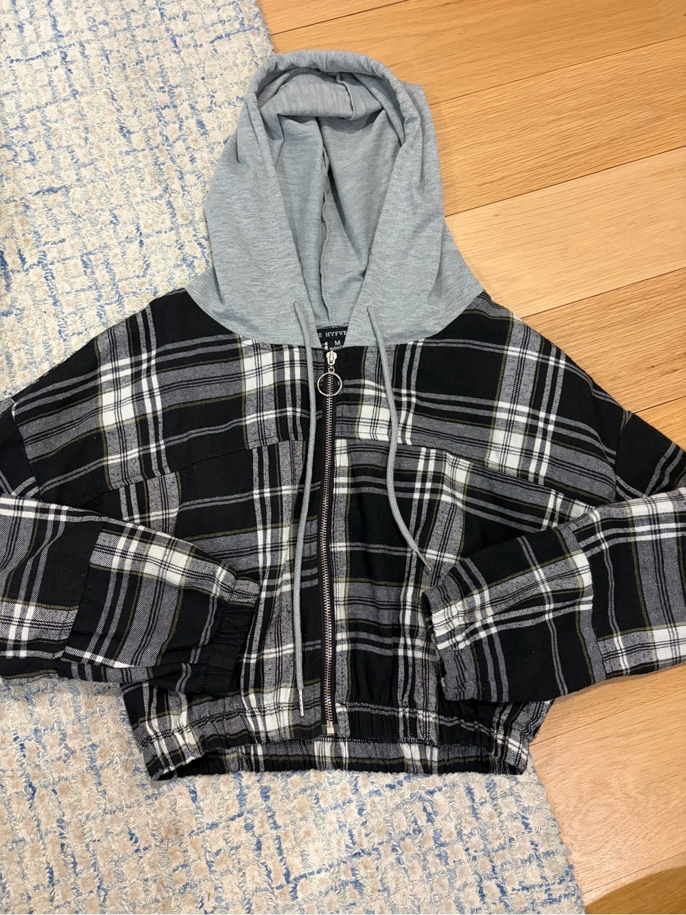 HYFVE Black Plaid Zip Hoodie with Gray Hood